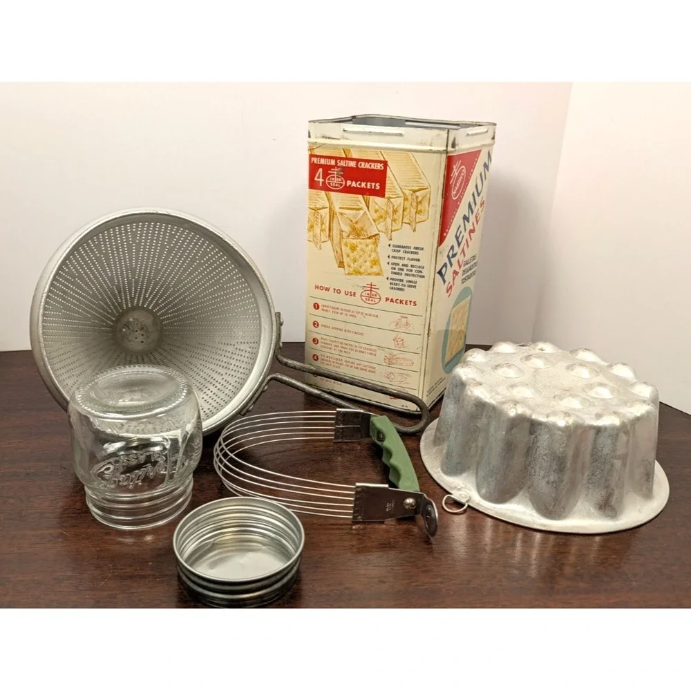 Vintage Kitchen Lot Aluminum Food Mill Nabisco Tin Jello Mold Pastry Blender 6pc